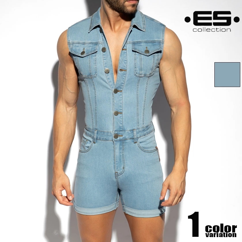 EScollection/イーエスコレクション URBAN DENIM JUMPSUIT SHORTS ジャンプスーツ デニム 上下一体型 ショートパンツ ショート丈 オールインワン 袖なし ノー