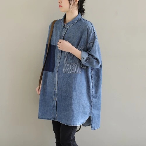 服レディース韓国ファッション長袖シアーシャツ トップスデニムブラウスセミロングシャツ大きいサイズワイシャツ福袋