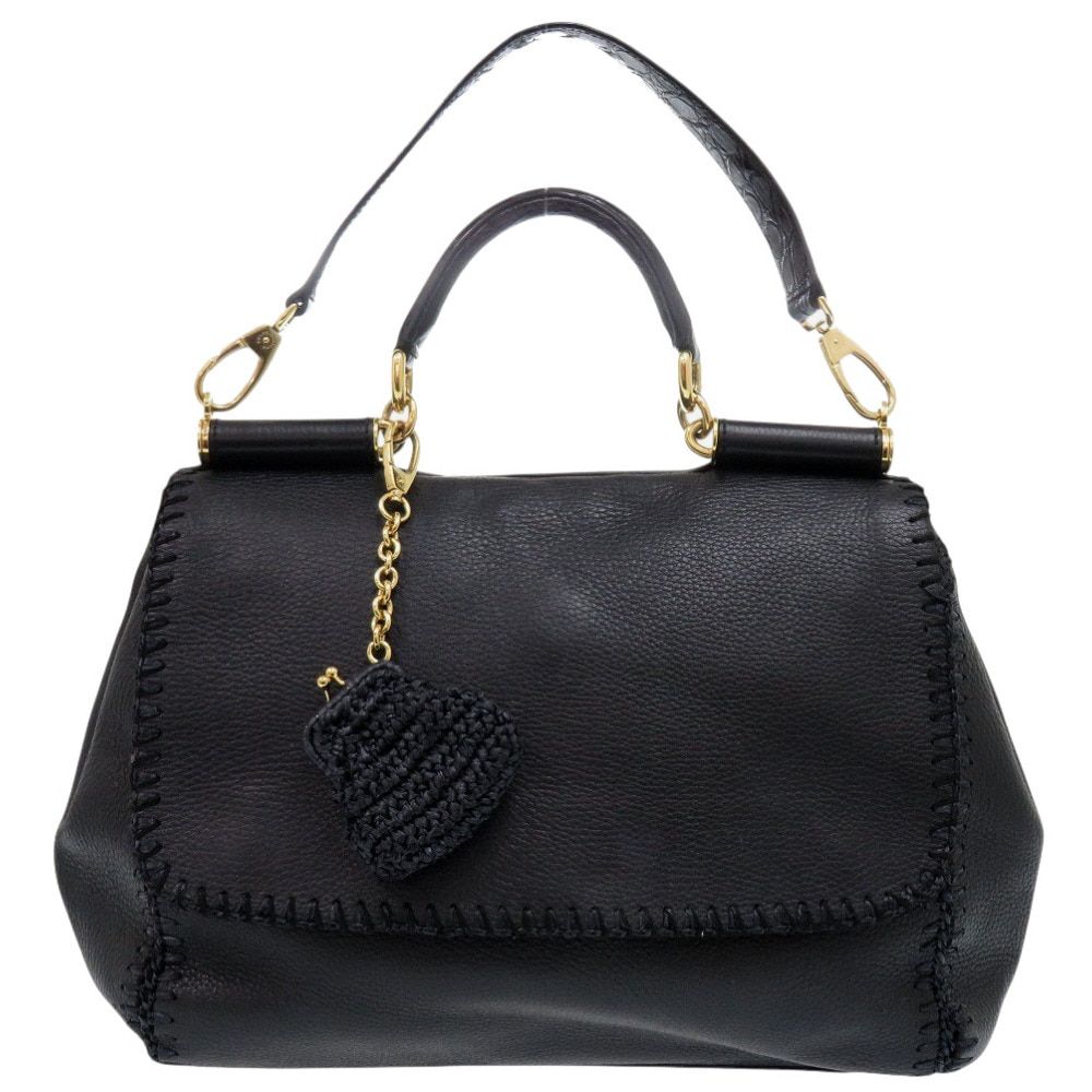 美品 ドルチェアンドガッバーナ 2WAY がま口チャーム シシリー ハンドバッグ レザー/クロコダイル ブラック 0444【中古】DOLCE&GABBANA レディース