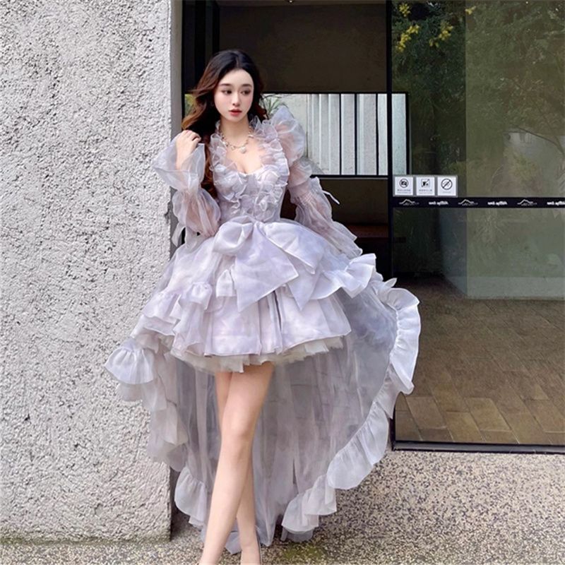 逃亡者プリンセススモークパープルドレスレディース夏の気質スリム誕生日ドレスウェディングドレストレーリングチュチュスカート