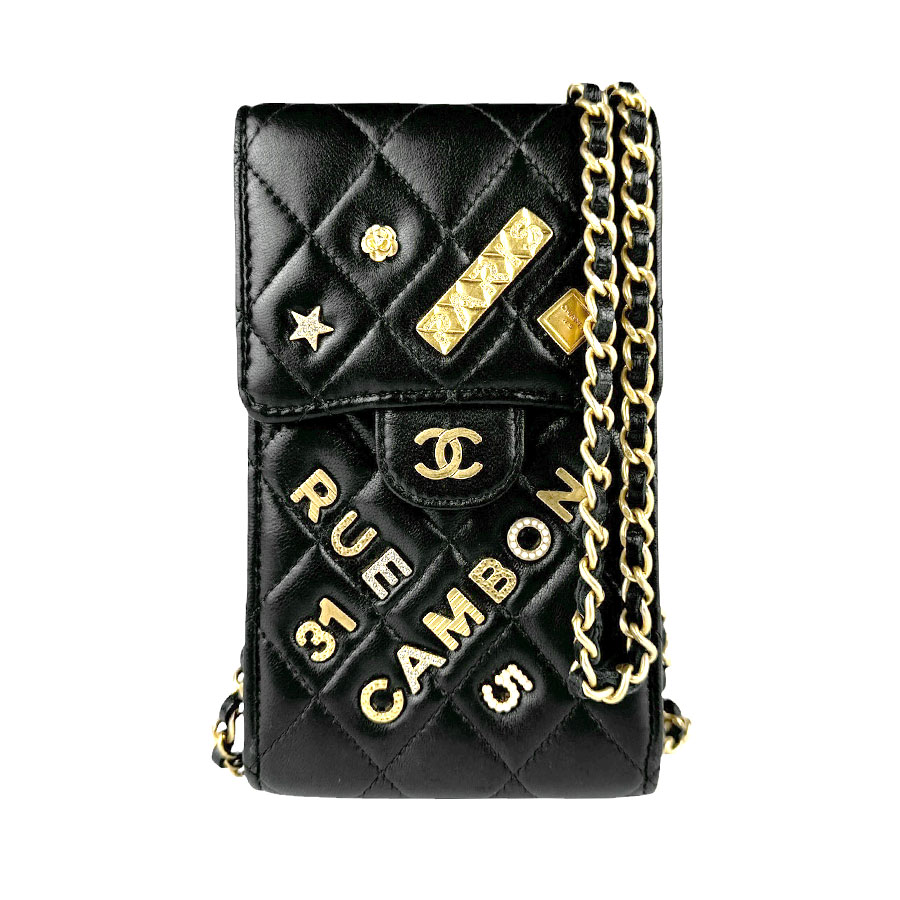 シャネル CHANEL フォンホルダー フォンポーチ ラムスキン ブラック レディース n0983