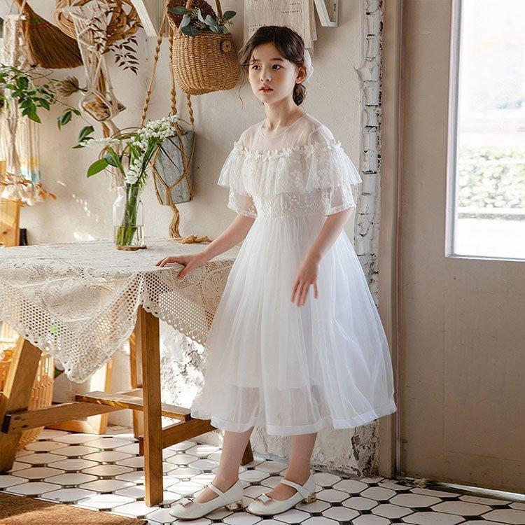白ワンピース女の子半袖ワンピース白韓国レースドレス子供服可愛いピアノ発表会子供キッズドレスレースワンピース七五三