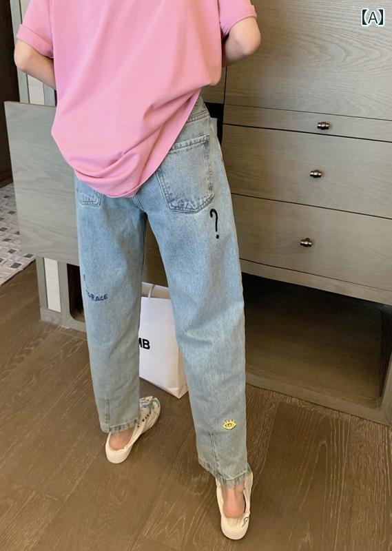 デニムパンツ レディース ジーンズ レトロ 刺繍 春秋 スリム ハイウエスト ストレート ハート ブルー 5,121円