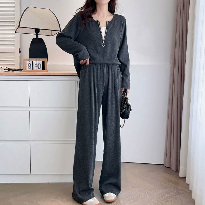 ２点で11o円OFF！【本日限定】セットアップ レディース 長袖 トップス 上下セット 2点セット 春 秋 冬 無地 カットソー ワイドパンツ プルオーバー ロング丈 ウエストゴム ボトムス レイヤー