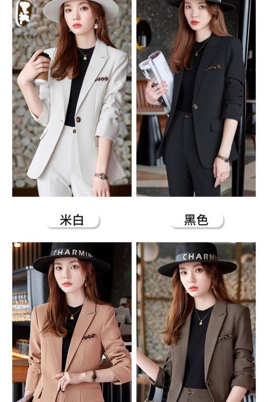 レディース パンツスーツ セットアップ スタイリッシュ オフホワイト 茶 薄茶 黒 上着 ジャケット スーツ襟 ボタン装飾 スリムフィット モダン 洗練 シック エレガント フォーマル オフィス おし