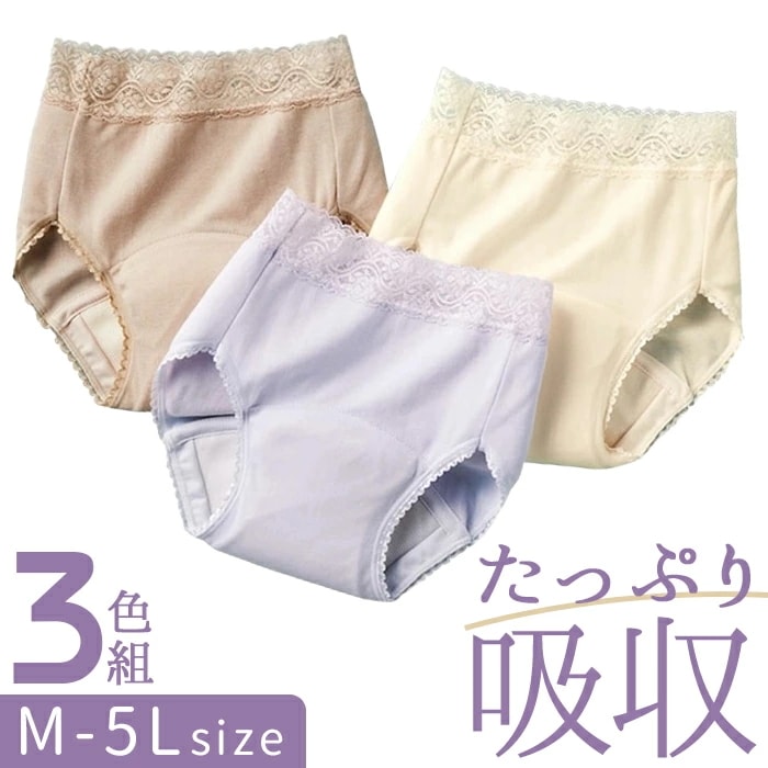 吸水ショーツ 尿漏れ レディース 通販 爽やかたっぷり吸収ショーツ 3色組 下着 パンツ ショーツ 尿漏れパンツ 尿もれパンツ 3枚セット 吸汗速乾 旅行 吸収量 100cc 女性用 女性 婦人 イン