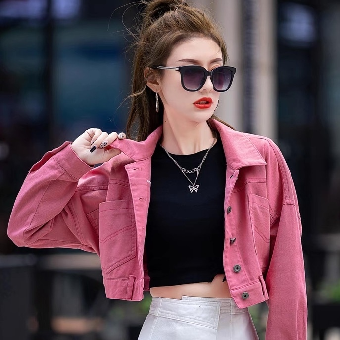 レディース ジャケット アウター 上着 デニム 前開き Gジャン ショート 長袖 角襟 フェミニン ストリート バックコンシャス ポケット ハイウエスト ボタン ヴィンテージ カラーデニム カジュアル