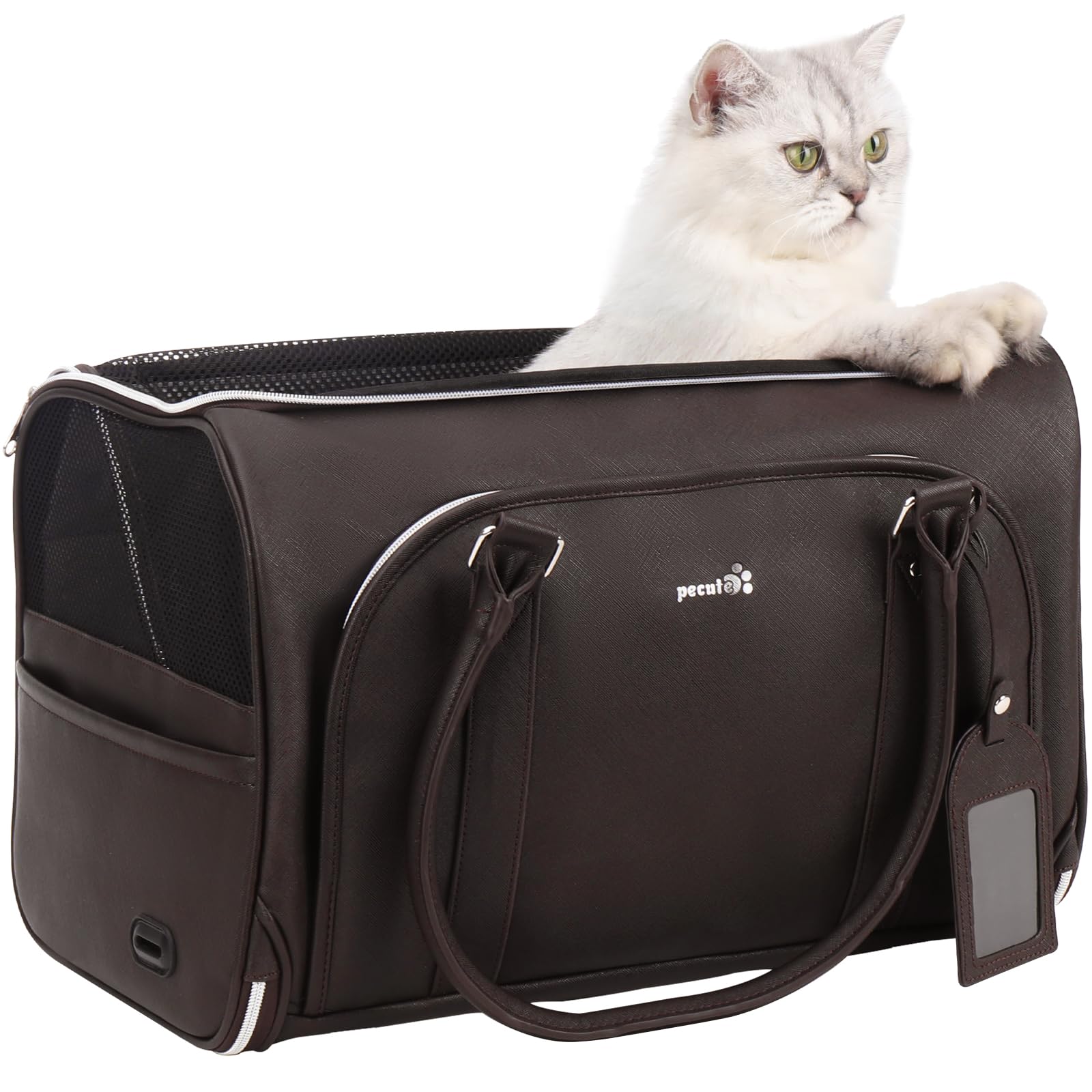 Pecute ペット猫 キャリー バッグ PUレザー 猫 きゃりーバッグ おしゃれ 折り畳み 飛び出し防止 犬 猫 バッグ お出かけ ドライブ 旅行 通院 防災 避難用 ペットキャリー ダークブラウン