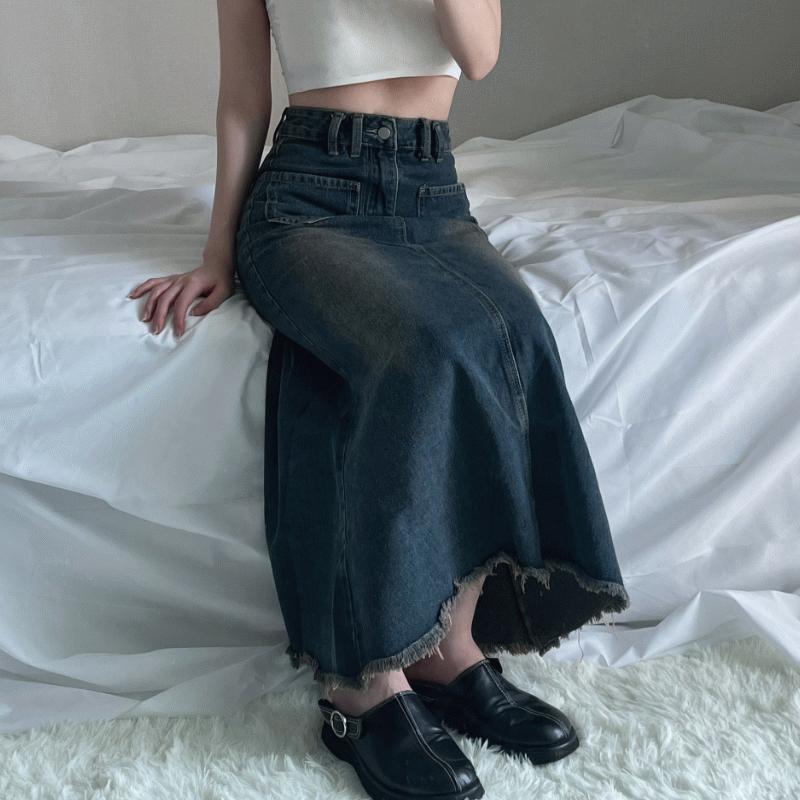 韓国スタイル ロング ヴィンテージ デニム スカート
