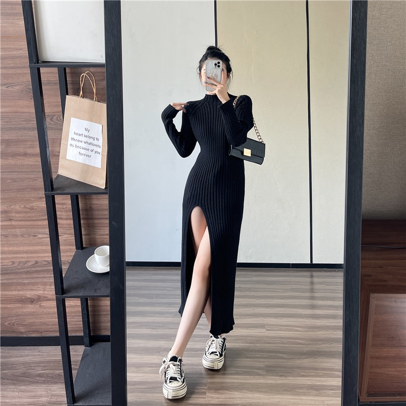 秋冬の新型リブvネックスリットニットワンピース