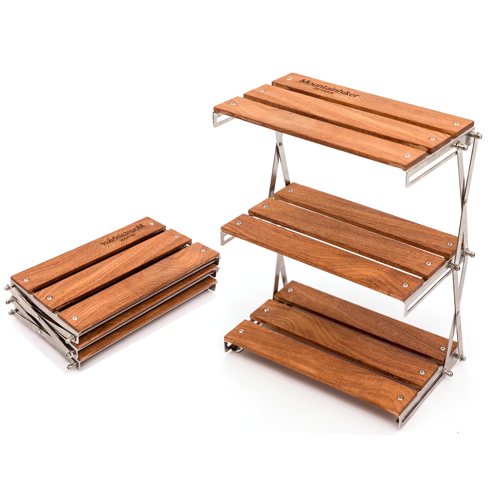 Mountainhiker 卓上ラック，3段折りたたみキャンプラック 木製ポータブル収納ラック軽量2kg耐荷重10kg防錆ステンレスフレーム屋外屋内使用キャンプバーベキューハイキングオ