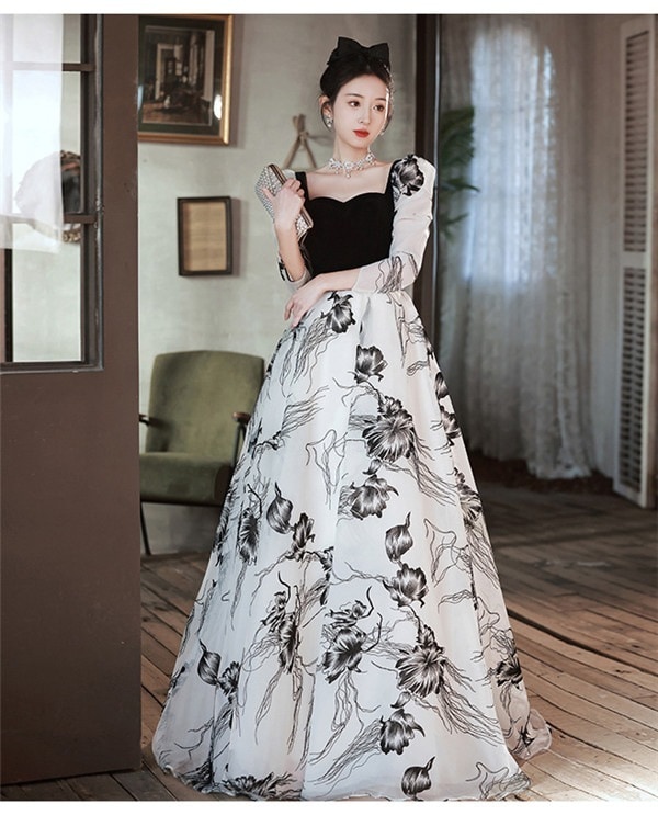 ワンピースドレスプリント柄ワンピフェミニン 袖あり 30代 ロングドレス 演奏会 ステージ 体型カバー 小さいサイズ 卒業式 大人 発表会 5分袖付き ピアノ 20代 謝恩会 ファスナー 結婚