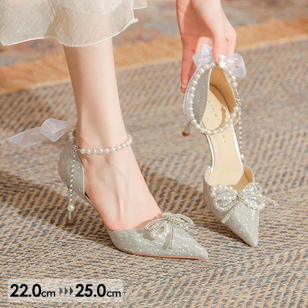 秋の新作 タイムセール パンプス ブライダルシューズ キラキラ シューズ パーティシューズ ストラップ ポインテッドトゥ ハイヒール ヒールサンダル ピンヒール 結婚式 発表会 シルバー 2枚購入で2
