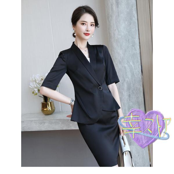 セットアップ レディース 夏 ジャケット ブレザー 半袖 スーツ ショートスカート 3点セット おしゃれ シルク風 光沢感オフィス 通勤 OL フェミニン ビジネス 6,235円