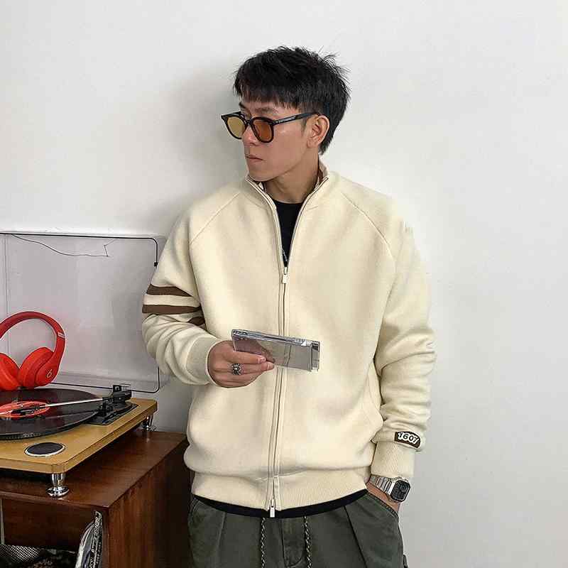 秋冬 コーデ メンズ 服 シンプル ファッション オシャレ 大人 かっこいい 大きいサイズ ストリート 紳士服 アメリカン カラー ブロック ストライプ カーディガン セーター カジュアル スタンドカ