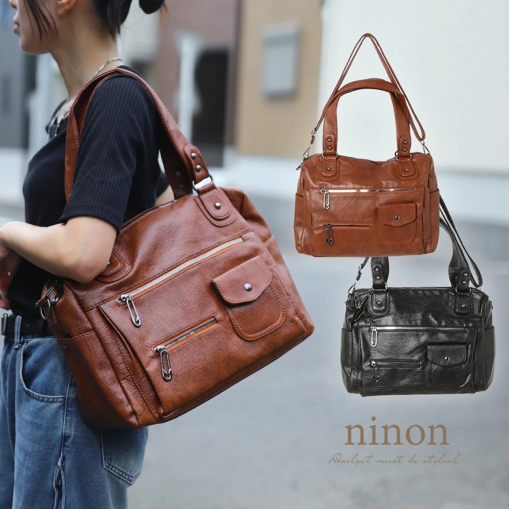 ショルダーバッグ レディース 斜めがけ 大人 大容量 大きめ トートバッグ 人気 ブランド おしゃれ 2way 黒 合皮 きれいめ 通勤 通学 ヴィンテージ風 PUレザー ピンジップ ボストンバッグ