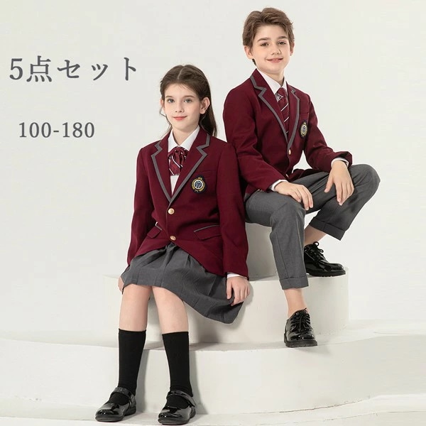 学生服 子供服 韓国風 ピアノ発表会 上下セット 5点セット キッズスーツ キッズフォーマルスーツ 女の子 男の子 女児 小学校 高校生 中学生 制服 ジャケット ブラウス スカート リボン 七五三