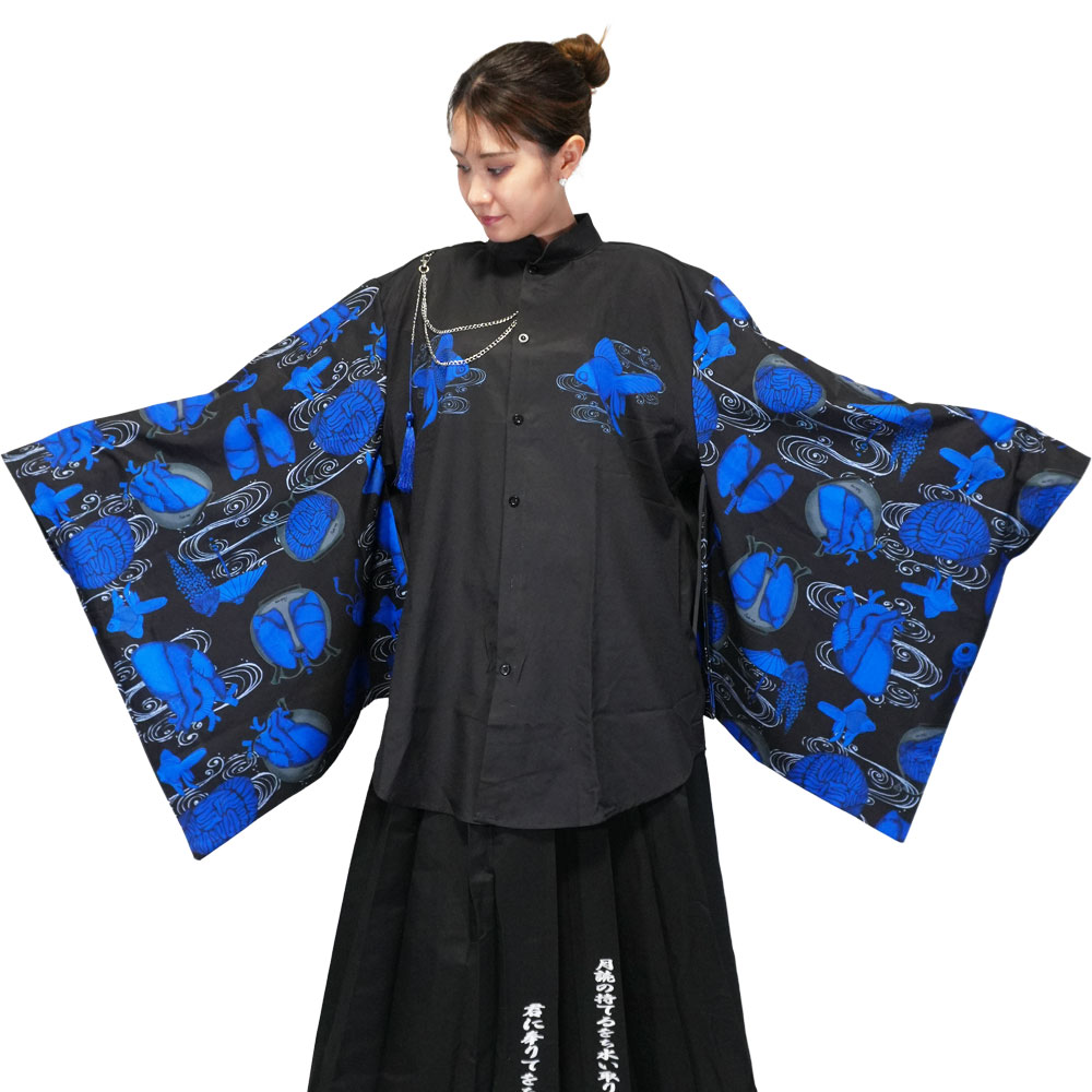 をち水 キモノシャツ ネイビー 長袖 ファッション 原宿系 原宿 病み 病みかわいい 派手カワ パンク ロック ダーク jr-408-110