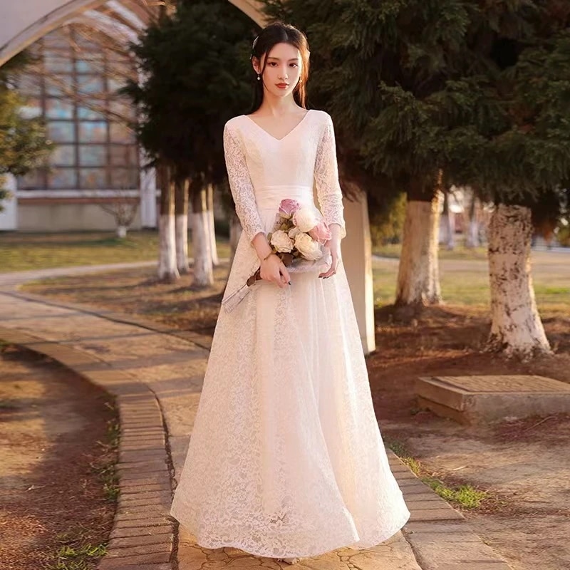 韓国ファッション ウエディングドレス Aライン 二次会 袖あり 長袖 購入 白 花嫁 エンパイア シンプル 披露宴 前撮り ブライダル ロングドレ編上げタイプ ワンピース レディース