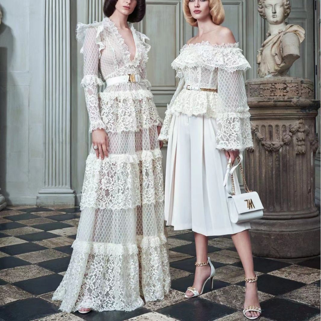 2023秋vネックレース継ぎ合わせレイヤードスカートロングドレスレディース