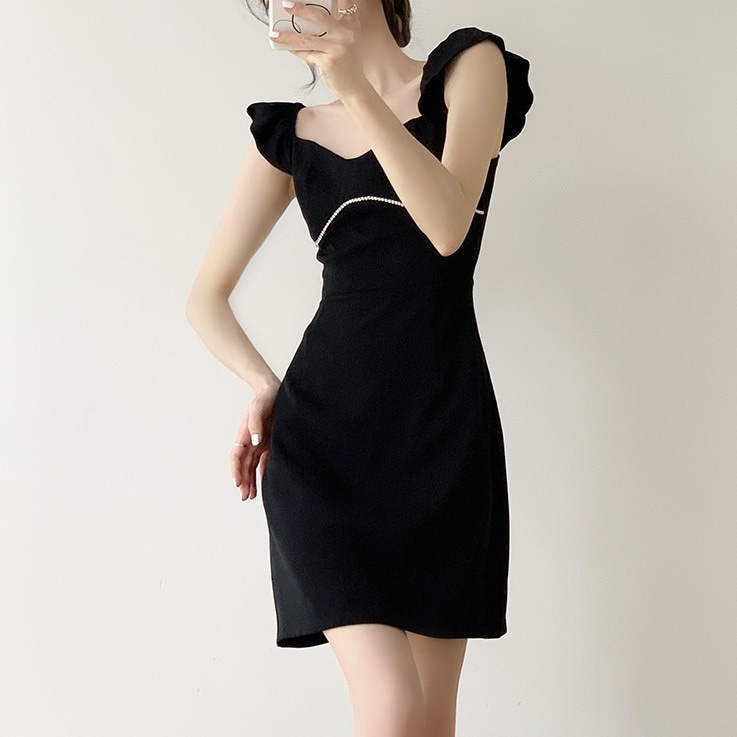 ワンピース レディース ミニ ワンピ 個性的 春服 夏服 ショート ひざ丈 袖あり ノースリーブ ポートレートネック インスタ映え モテ 流行 トレンド 高見え 華奢見え 細見え ブラック