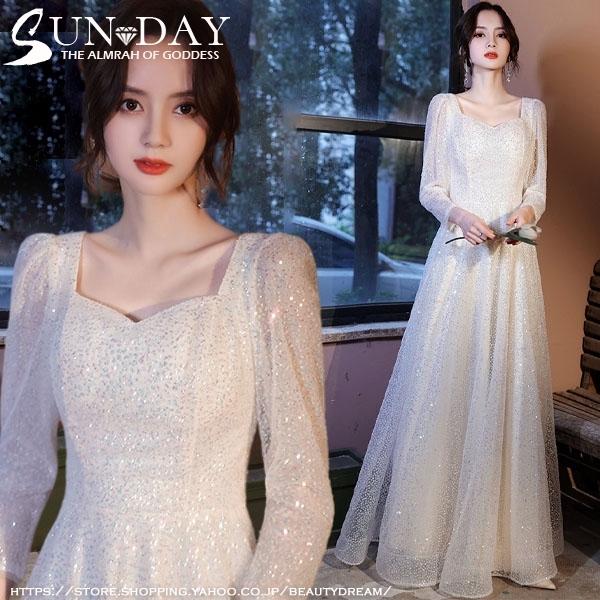 新品パーティードレス ワンピース スパンコール 結婚式 成人式 エレガント パーティードレス 誕生日 二次会 袖あり ロングドレス お呼ばれ 司会者挙式-211