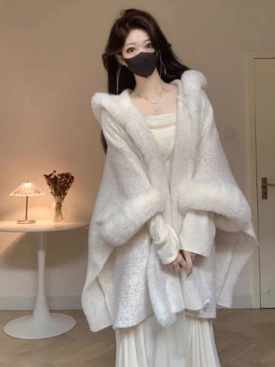 女性用秋冬ショールラビットファー襟プラスベルベットコート甘い気質無地両面ベルベットケープコート怠惰なレディスタイル