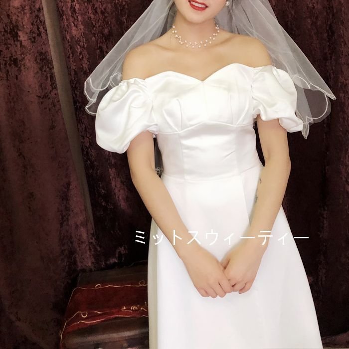 ウエディングドレス パフスリーブドレス 半袖 ブライダル ウェデイング 結婚式 二次会 披露宴 ワンピース Aラインドレス 前撮り エレガンス ロング 後撮りドレス
