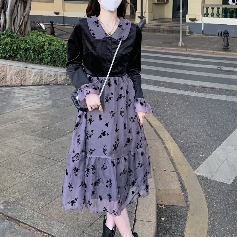 ワンピース レディース フレアワンピース S M L 韓国 ロングワンピース 袖あり 長袖 襟付き フレア Aライン 切り替え かわいい 大人可愛い シンプル カジュアル フェミニン おしゃれ お洒落