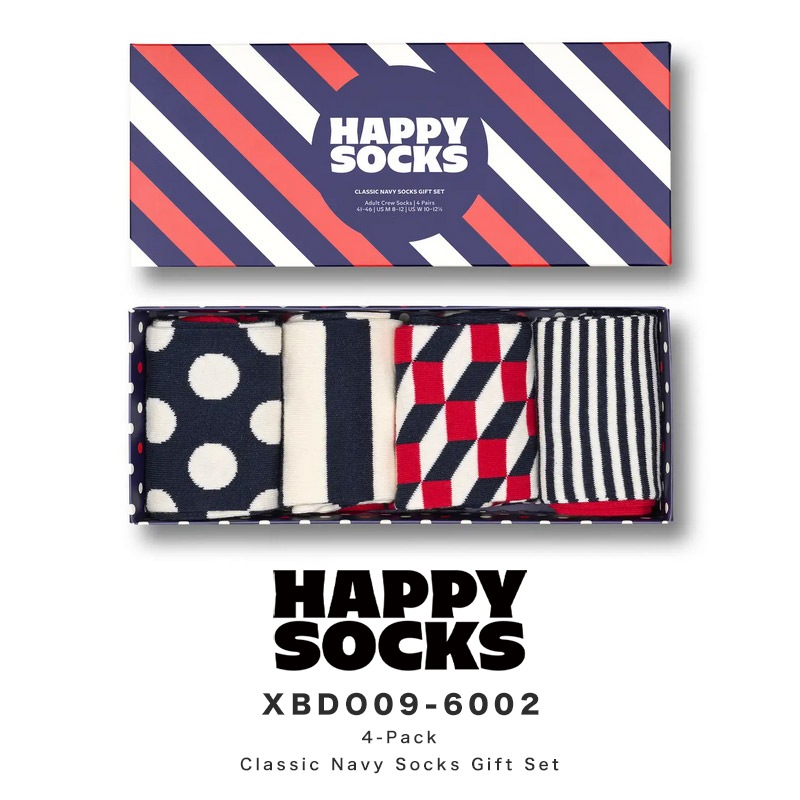 Happy Socks 靴下 レディース メンズ クルー丈 おしゃれ ブランド 4足セット ギフトボックス 可愛い かわいい ドット ネイビー 紺 水玉 ボーダー プレゼント
