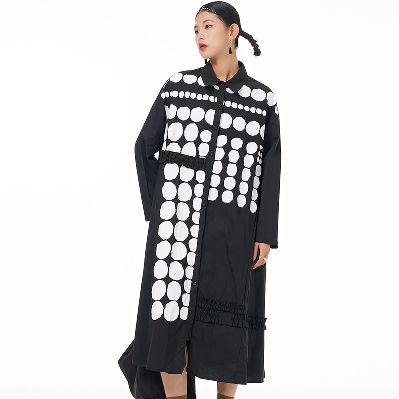 2024春先取り長袖シャツワンピースドット柄立体装飾木耳縁ロングタイプゆとり可愛い若見え大きめ