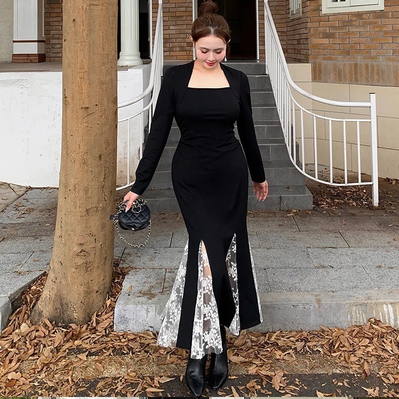 大きいサイズ XL-5XL ロングワンピース 高級感 フランス風 レトロ レース ドッキング スリム 着やせ マーメイド フォーマル パーティー メガ割