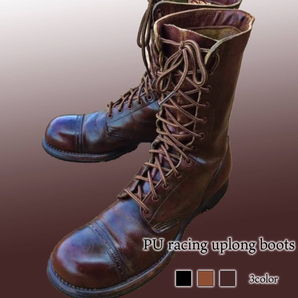 ブーツ メンズ PUレースアップロングブーツ 完全 シューズ 冬 フロント ルーム 秋 モード あったか ブーツハイカット ブランド 幅広 滑らない 靴 夏 軽い 春 セット 黒 革 洗える レザー