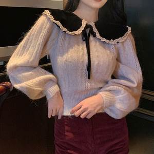 クーポン有セーター ドールカラートップス レディース ニット 秋 冬 ショート丈 短丈トップス 長袖 ぽわん袖 大きな襟 デカ襟 レース リボン ケーブルニット ホワイト 白 無地 S M L XL 5,264円