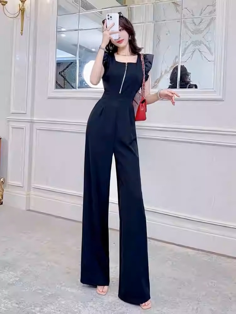レディース オールインワン パンツワンピ ストレートパンツ ロングパンツ 袖なし フリル袖 スクエアネック タイト スリム 細身 切り替え ウエストマーク ウエストリボン ファスナー かわいい