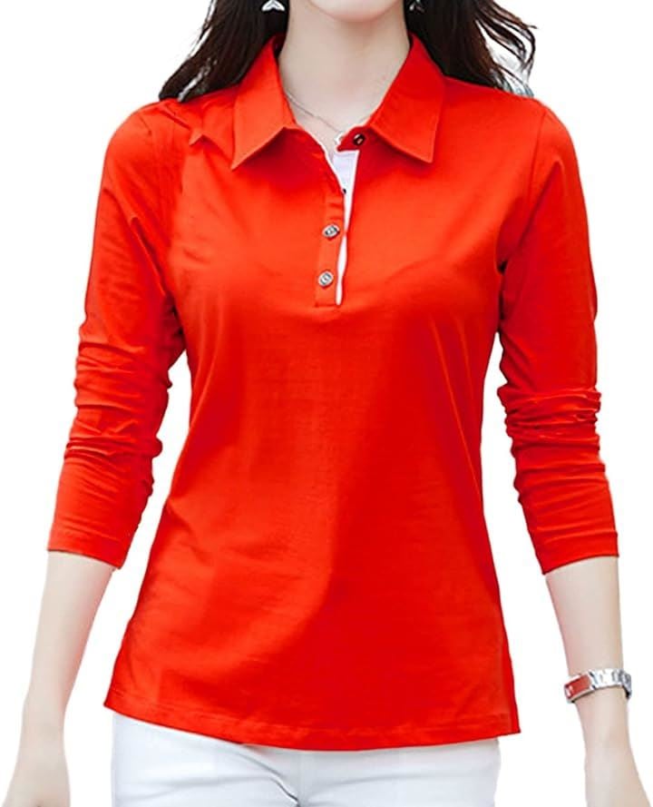 ポロシャツ 長袖 トップス 襟付き カジュアル ボタン レディースゴルフ 無地 薄手 レディースポロシャツ オフィスカジュアル(オレンジ/Bタイプ, L)