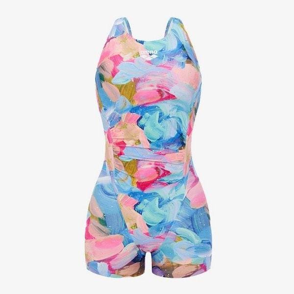 アクアロビクス 女性 室内水着 スプリングフィオーレ 2部丈 半袖 着やすい Uバック(A6SL1LS02BLU)(ブラカップ内蔵)