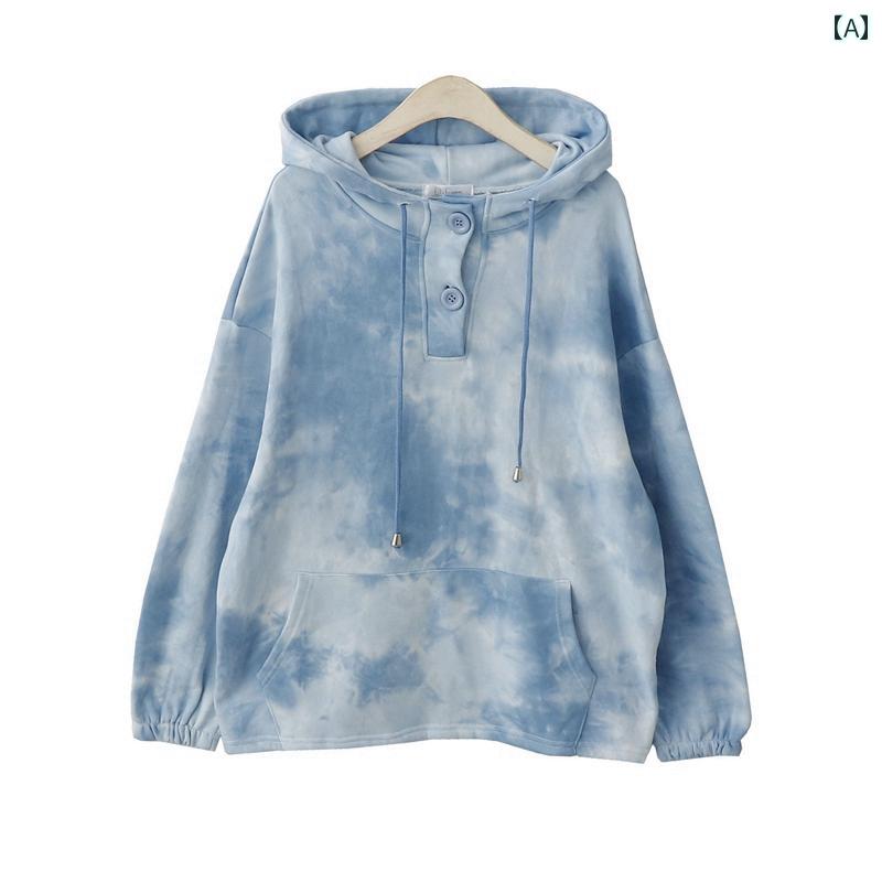 パーカー レディース 秋 韓国 レトロ 絞り染め プリント 綿 フード スウェットシャツ