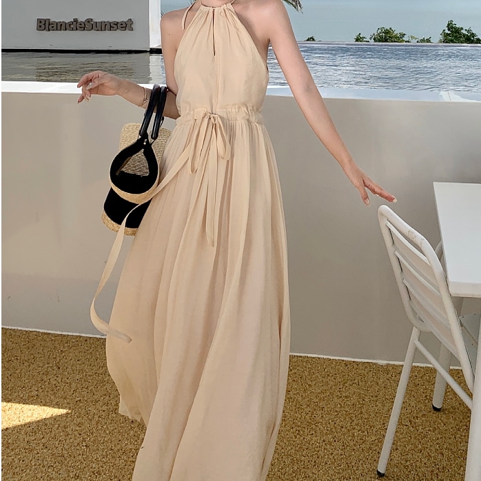 レディース ワンピース シャツワンピ フレア ロング 袖なし ノースリーブ ホルターネック セミフレア Aライン スマート リボン ウエストマーク ウエストリボン 2way 薄手 かわいい 大人可愛い