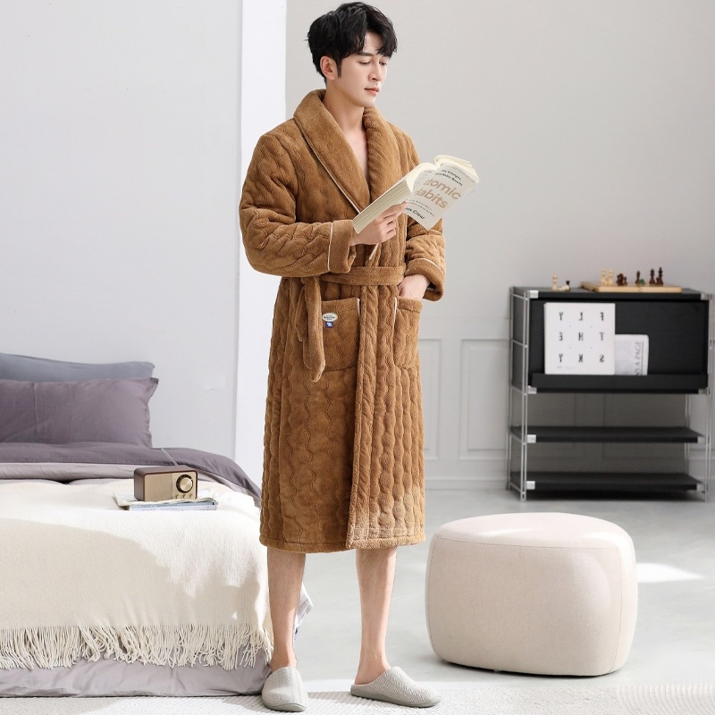 メンズ冬用3層厚手フランネルキルティングパジャマ暖かいホームウェアモーニングローブバスローブ
