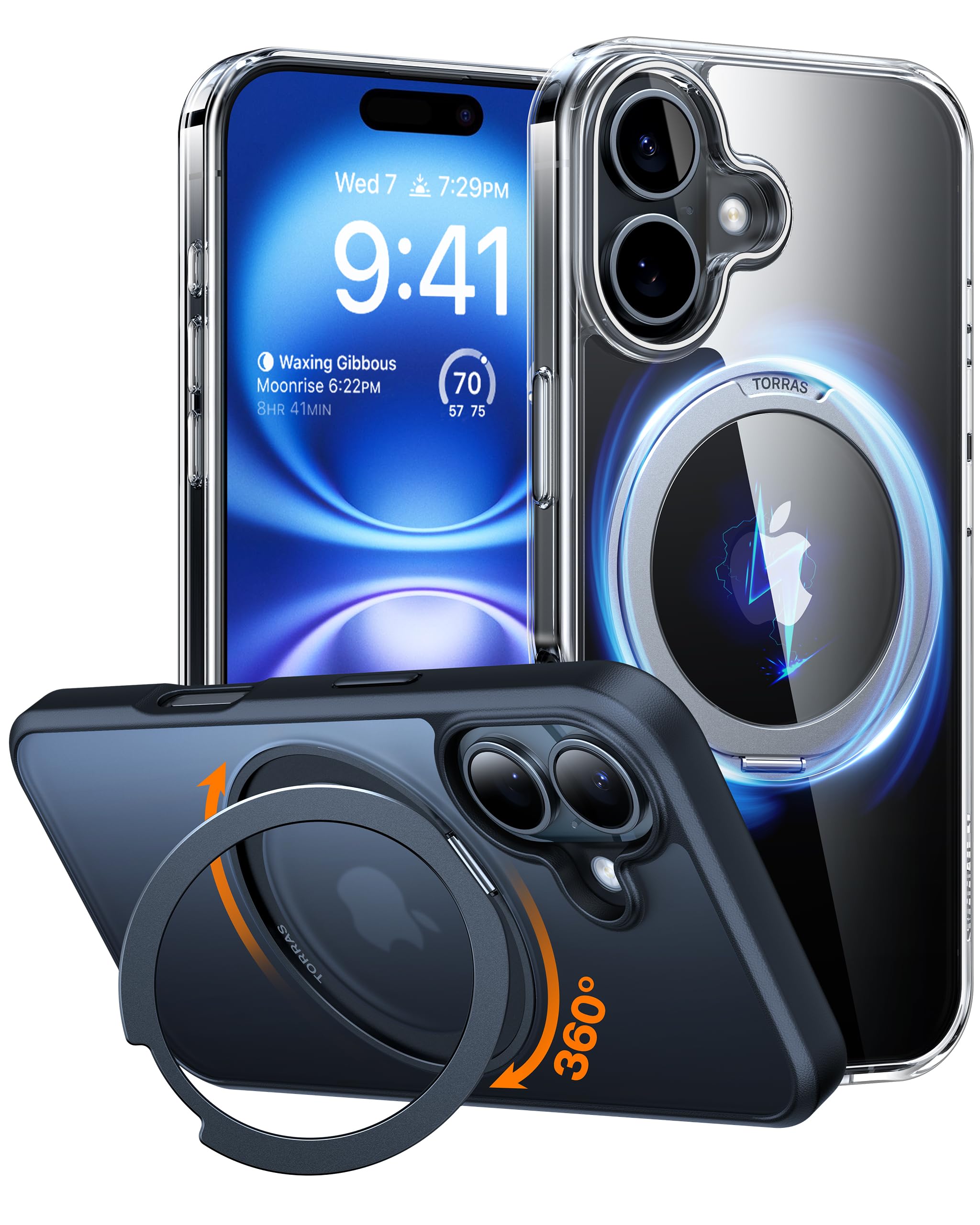 【多機能360度回転スタントO型リンク創始者】TORRAS iPhone16 用 ケース縦横両対応 ハルハッハマクネット搭載 MagSafe対応 米軍MIL規格耐衝撃 リンク 指紋防止 黄