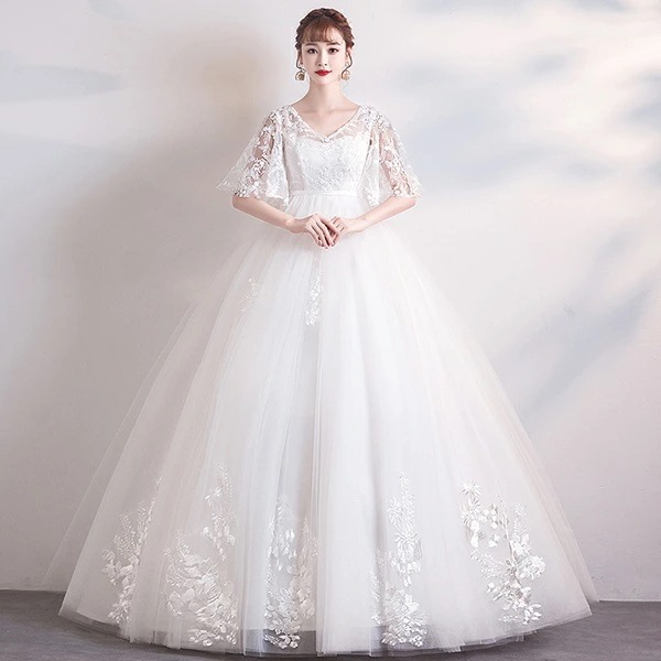 花嫁 ウエディングドレス 長袖 ハイウエスト 妊婦もOK 大きいサイズ 袖あり Vネック 床付きタイプ 着痩せ ぽっちゃり 結婚式 二次会 ドレス 締め上げタイプ レース ロングドレス ウエディングド