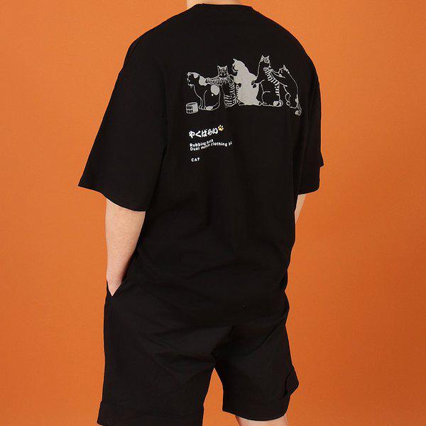 WBAメンズビッグサイズオーバーフィットネコ背中プリント半袖Tシャツ