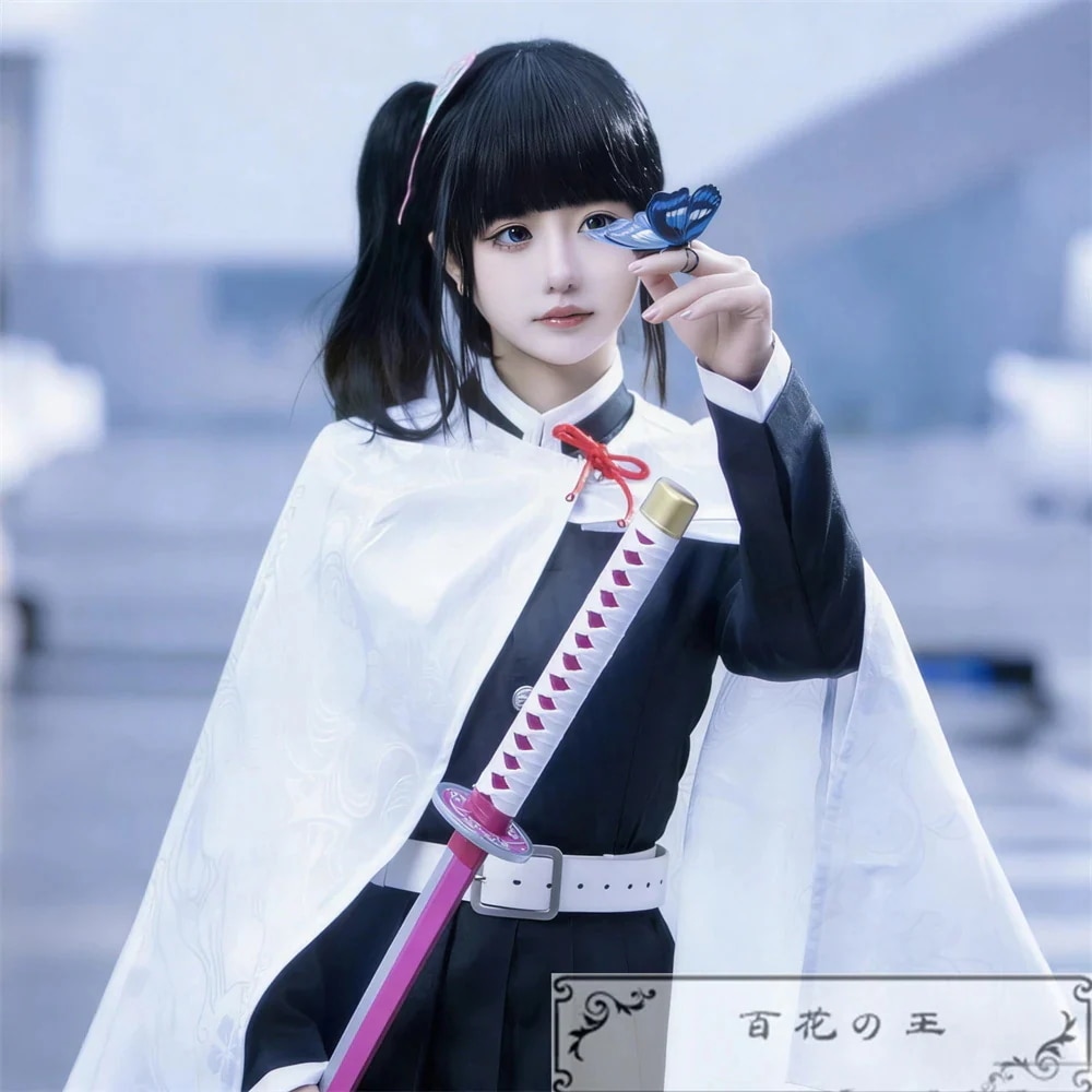 『最安値に挑戦』 胡蝶の頭飾り付き 栗花落カナヲ 鬼殺隊制服 コスプレ衣装 コスチューム 暗紋付き