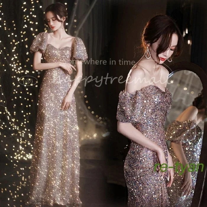 ラッキーボックス パーティードレス 結婚式 フォーマル ロング演奏会袖あり キラキラ 大きいサイズ マキシ丈ワンピース