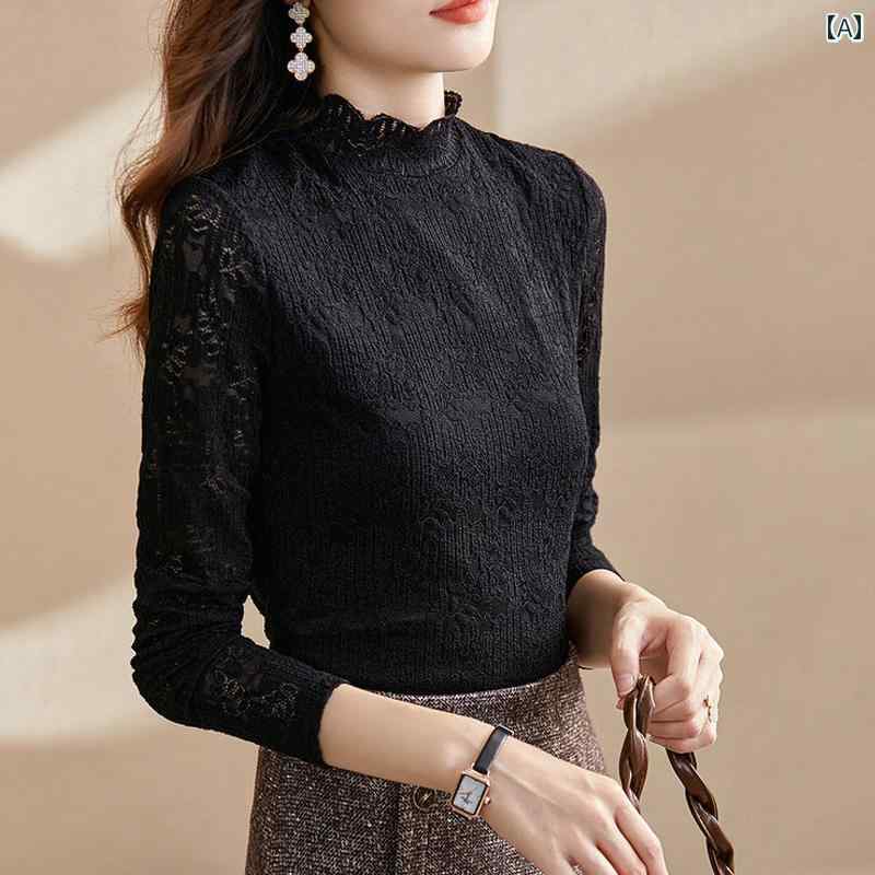 ブラウス 春 ハーフハイネック 長袖 レディース レース フェミニン 大人っぽい 透け感 デート 柔軟性 スタイリッシュ 花柄 エレガント ファッション トップス