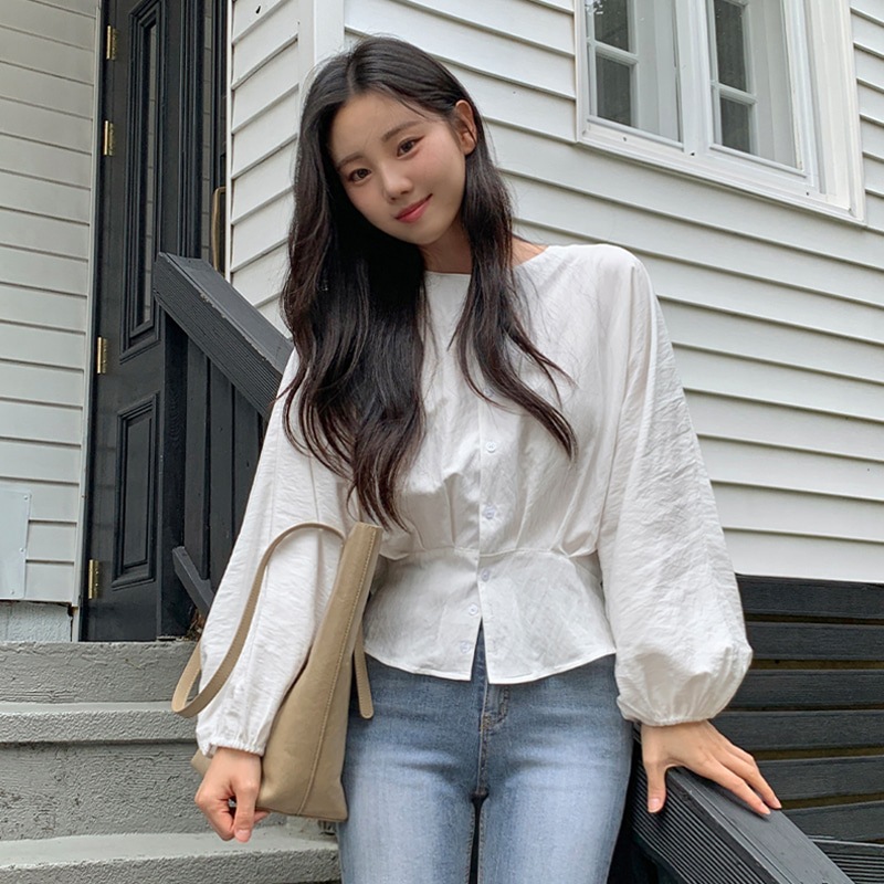 [tbs0500] 韓国ファッションピンタック ラウンド ブラウス