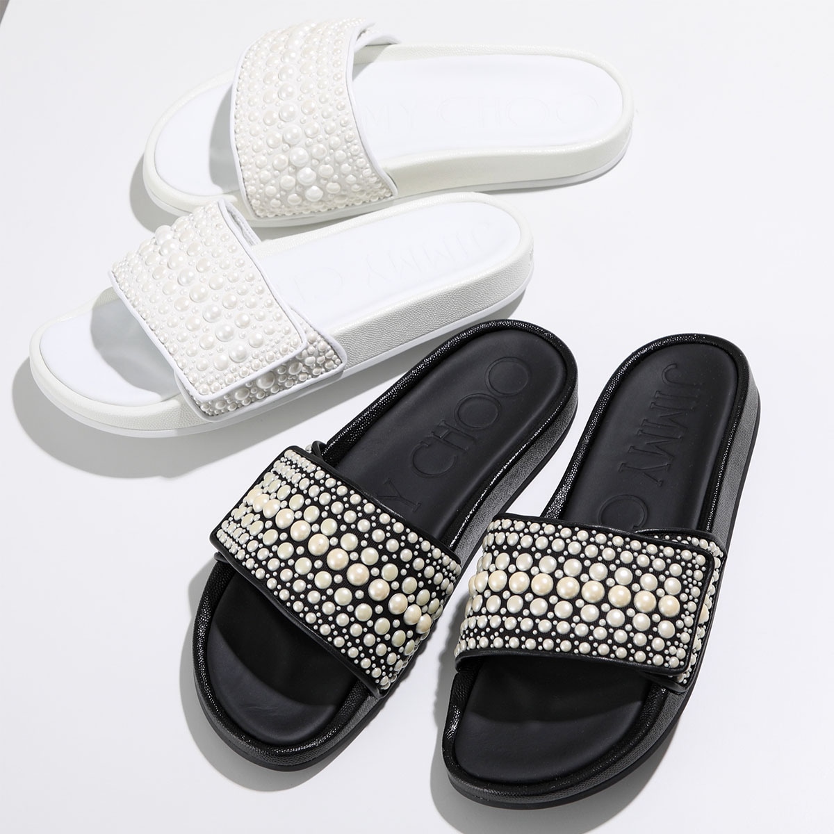 Jimmy Choo ジミーチュウ スライド サンダル FITZ/F ZWY レディース パール レザー キャンバス ラバー 靴 カラー2色