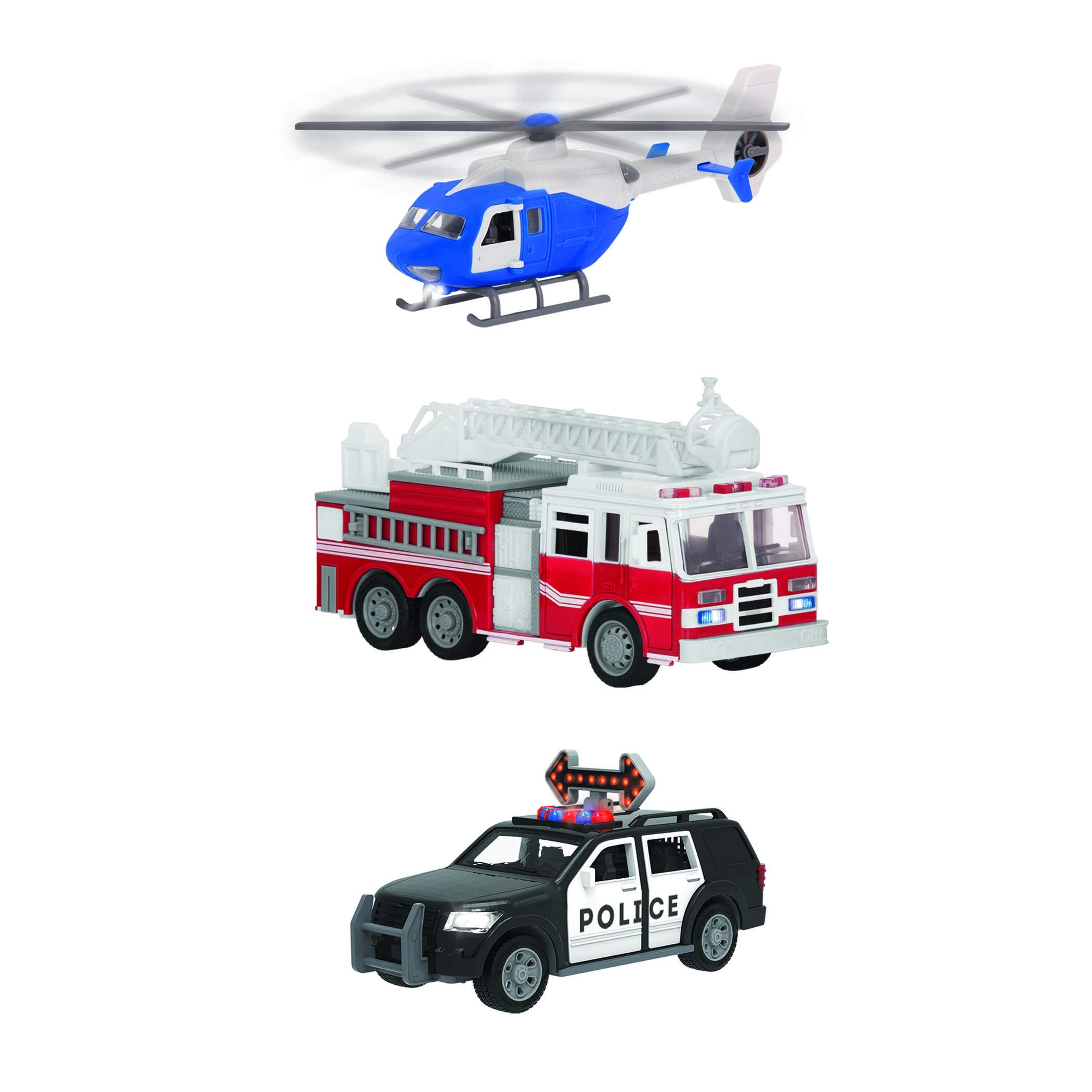Driven 緊急車両 パトカー・ヘリコプター・消防車 はたらく車3台セット 乗り物おもちゃ 働く車 レスキュー マイクロシリーズ 3歳 4歳 5歳