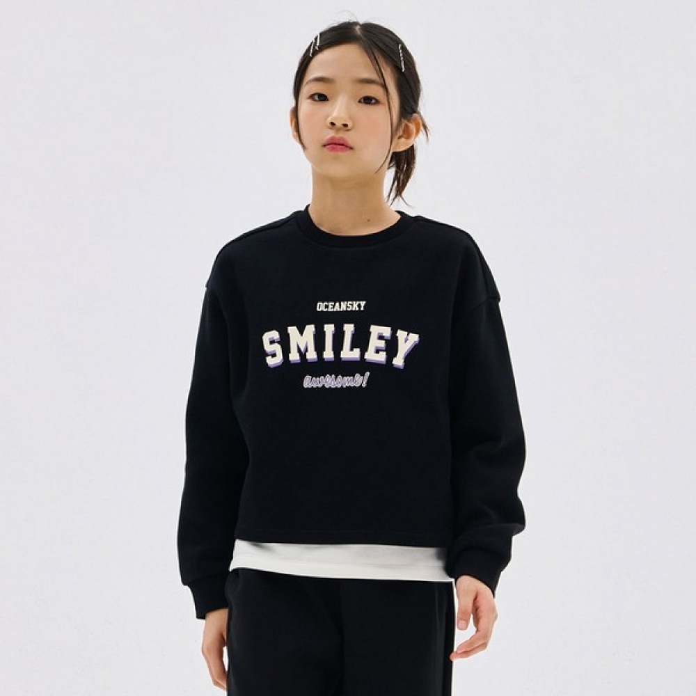 （オーシャンスカイ）女の子用グラフィックレイヤード起毛スウェットシャツ-DFJG5174D03